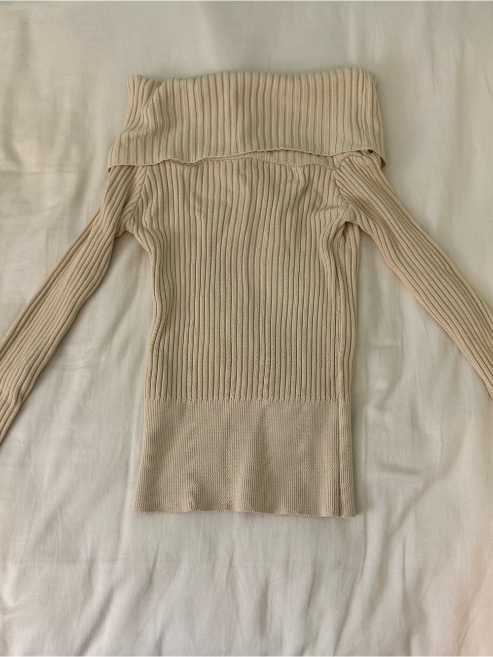 Off-Shoulder Ribbed Sweater in Beige - Picture 2 of 4